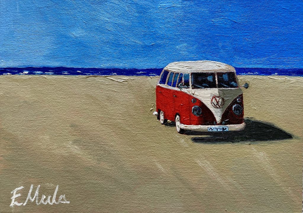 Oil Painting of a Volkswagon Campervan on the beach